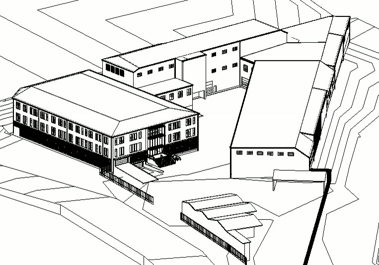 Axonometrisk illustration av byggnadsgrupperingen